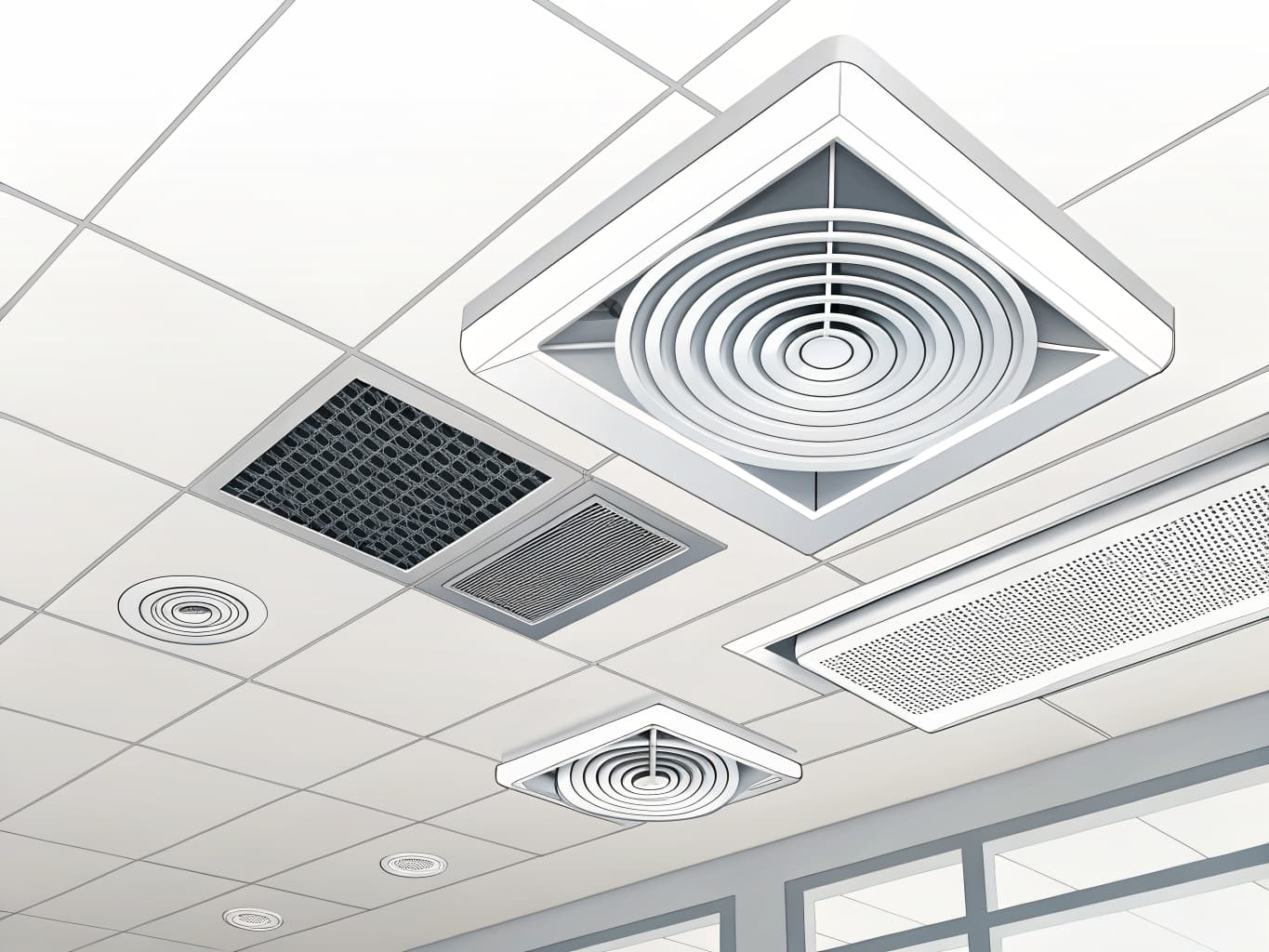 Systeme de climatisation gainable integre dans un faux plafond avec bouches de soufflage