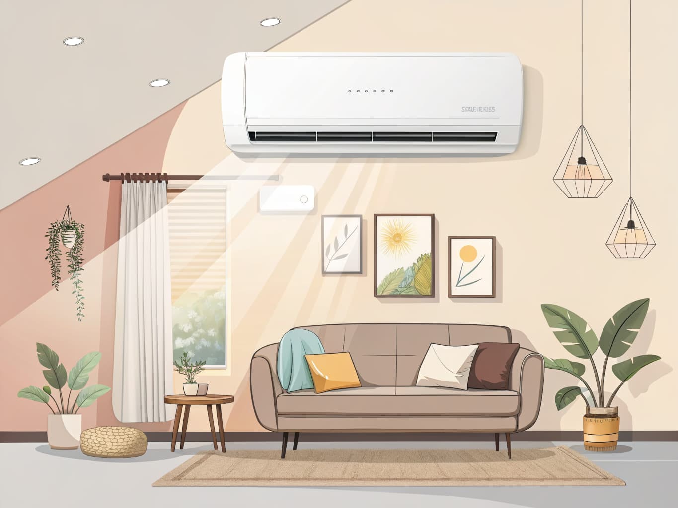 Climatisation réversible split installée dans un salon lumineux