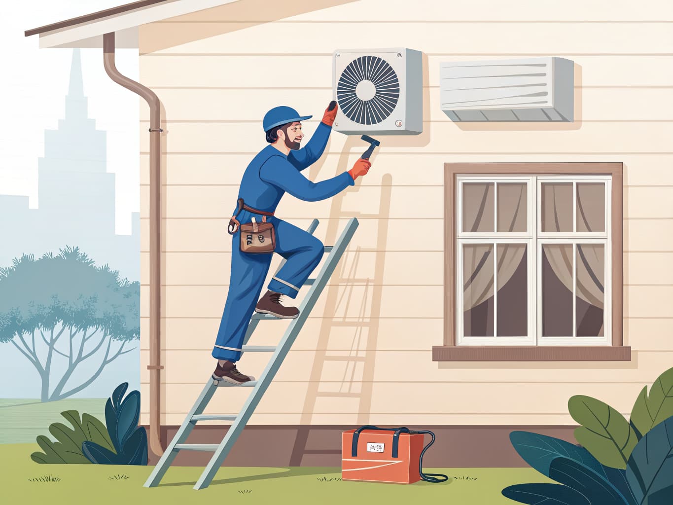 Technicien installant une unité extérieure de climatisation sur une facade