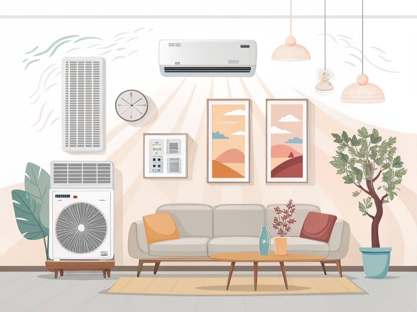 Différents types de climatisation dans un salon avec leurs gammes de prix